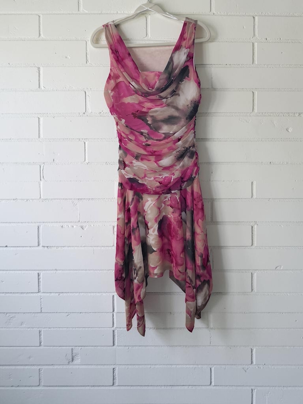 Sophia Christina Sleeveless Pink & Gray Asymmetrical Handkerchief Hem Dress